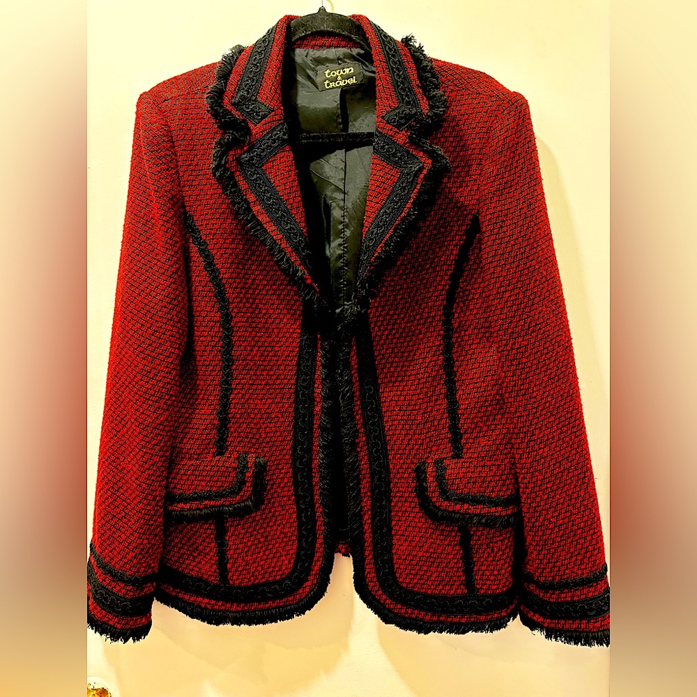 Elegant, fun,retro Burgundy Jacket with decorative black fringe trim. Size med.